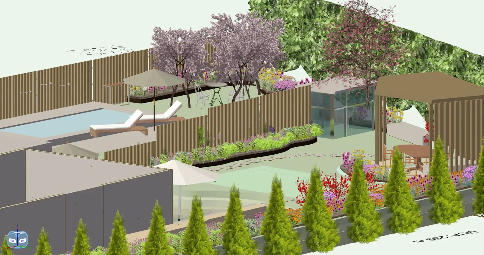 3D-visualisering av hage med basseng, paviljong og staudefelt